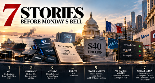 Chips Rebound as CoreWeave Jumps 6%, Anthropic Pledges 5% Equity, and US Debt Hits $40 Trillion: 7 Reads Before Monday's Bell