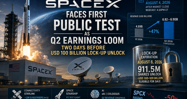 SpaceX Faces First Public Test as Q2 Earnings Loom Two Days Before USD 100 Billion Lock-Up Unlock