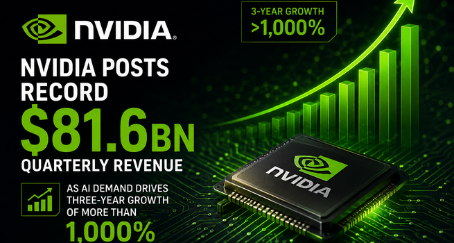 Nvidia posts record $81.6bn quarterly revenue as AI demand drives three-year growth of more than 1,000 per cent