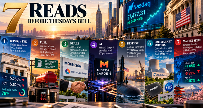 Treasury Yields Ease From 2002 Highs as Nasdaq Hits a Record, Trump Allows Dyed Diesel on Highways and McKesson, CD&R Buy Option Care: 7 Reads Before Tuesday's Bell